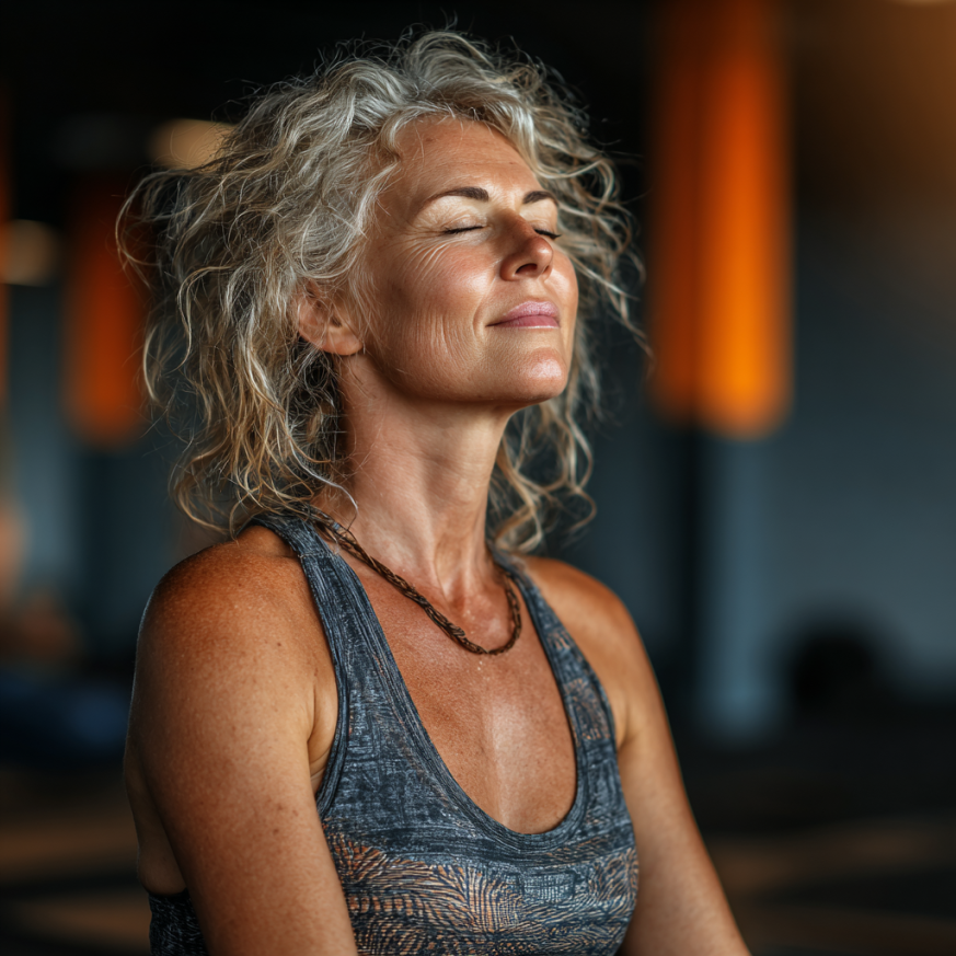 Seniori practicând yoga în natură